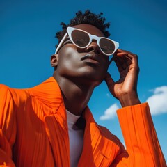 Young stylish black man model wearing sunglasses and posing for edgy and modern fashion editorial against the sky. Conceptual photo. Haute couture contemporary trends in orange colors