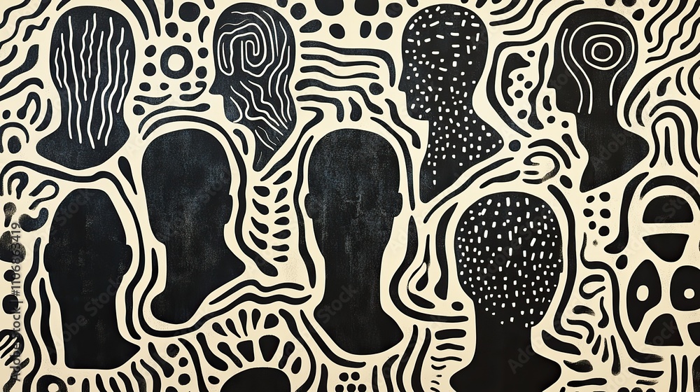 Poster a seamless pattern with many human shapes, symbolizing unity and diversity