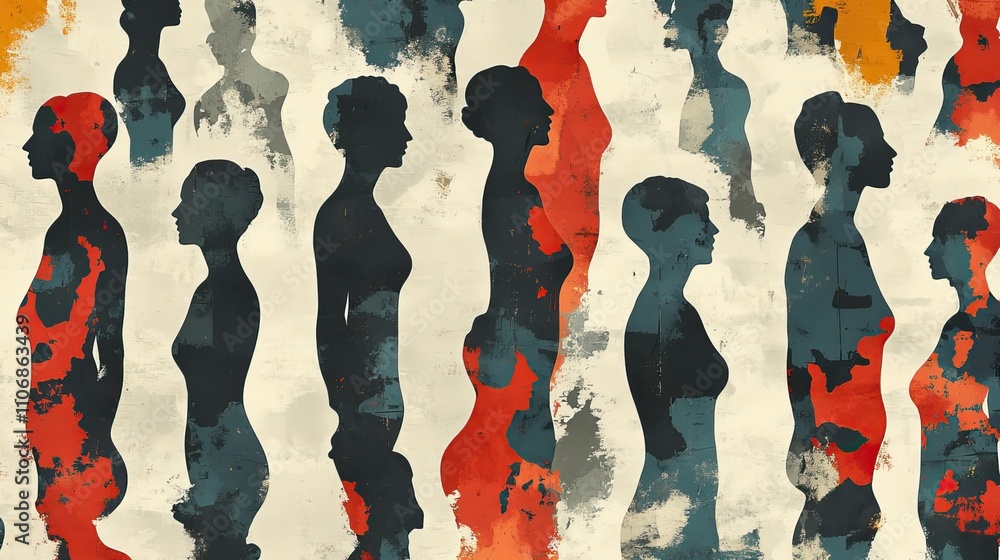 Poster a seamless pattern with many human shapes, symbolizing unity and diversity