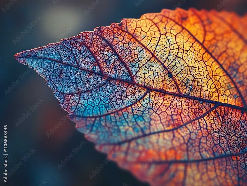 Poster close-up of a vibrant, multicolored autumn leaf, showcasing intricate veins and texture.