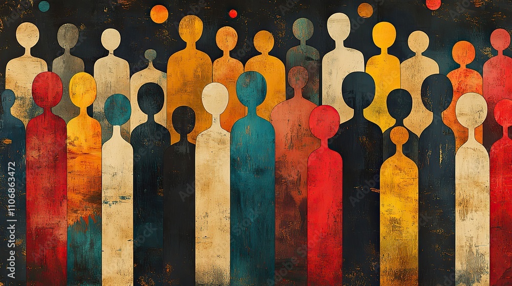 Poster a seamless pattern with many human shapes, symbolizing unity and diversity