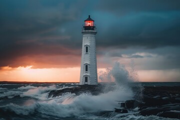 Obraz premium Lighthouse with waves crashing and sunset sky in background.