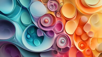 A 3D abstract art canvas with circular, organic shapes in bright, fluid colors like coral, teal, and violet, layered to create a tactile, fluid illusion of motion