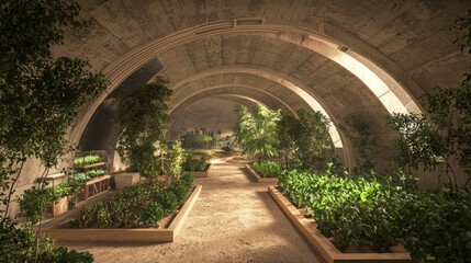 Fototapeta premium Futuristic Urban Jungle: 3D Render of Thriving Underground Farm with Interactive Education Elements and Sustainable Community Living Vibe