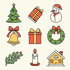 Christmas and Holiday Icon Collection,  Hand-Drawn Christmas Icons, Festive Christmas Vector Pack, Colorful Christmas Icon Set