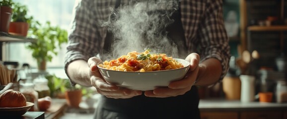 A person presents a steaming bowl of pasta in a cozy kitchen setting.
