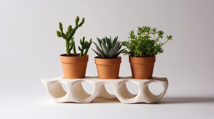 Fototapeta premium Three succulents in terracotta pots on a modern white planter.