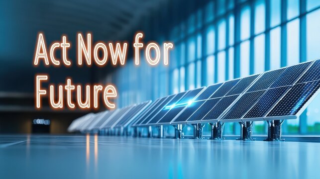 A call to action emphasizing the importance of renewable energy for a sustainable future, featuring solar panels in a bright environment.