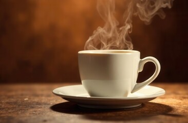a hot cup of steamed coffee on a brown background
