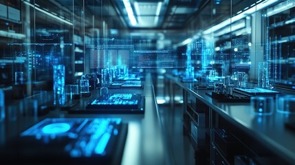 Fototapeta premium Futuristic laboratory with holographic interfaces.