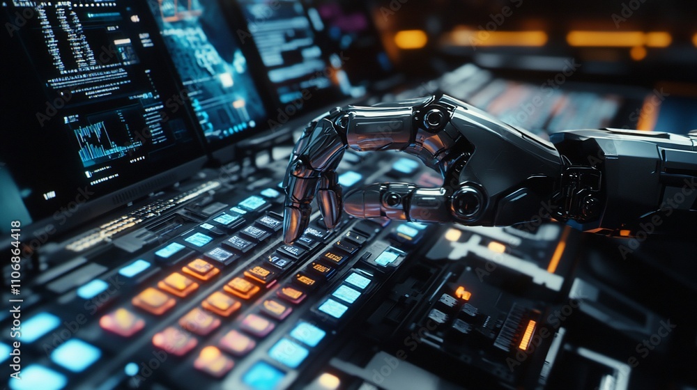 Aufkleber a robotic hand interacting with a high-tech control panel.