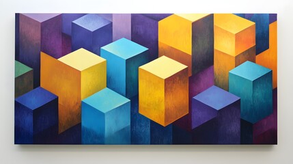 Obraz premium A 3D modern art canvas with bold, oversized geometric cubes stacked in layers, shifting from bright yellow and orange to deeper shades of blue and purple for dramatic effect