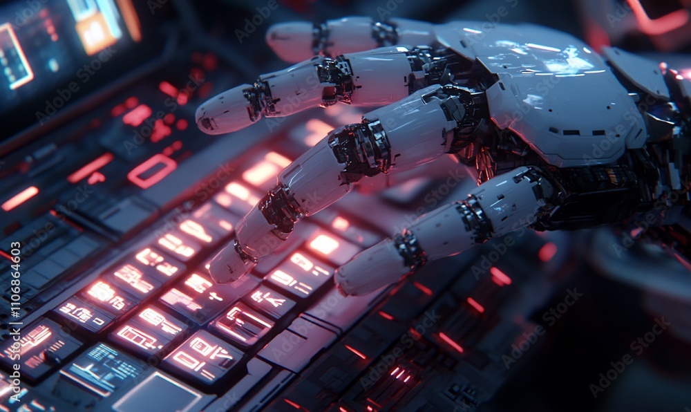 Leinwandbilder a robotic hand interacting with a high-tech keyboard.