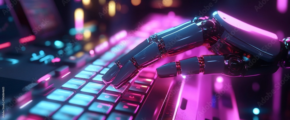 Poster A robotic hand interacts with a glowing keyboard in a digital environment.