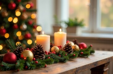 Christmas decorations candles, cones, balls, sparklers, light Christmas background