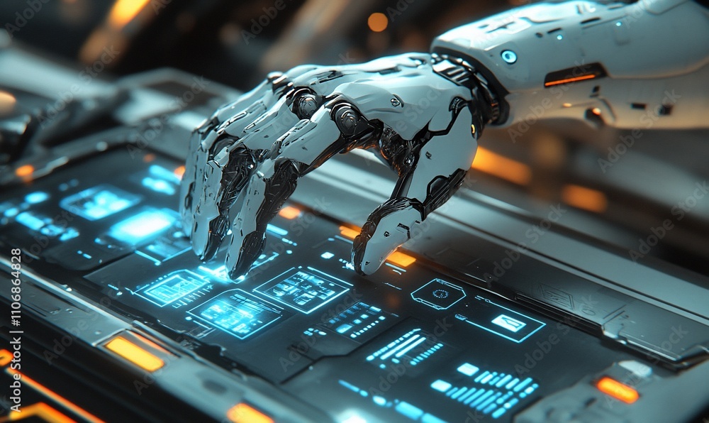 Poster A robotic hand interacts with a high-tech control panel.