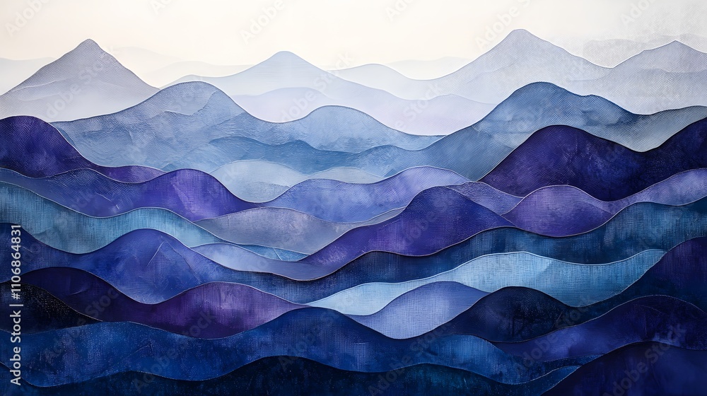 Poster a 3d abstract landscape on canvas, with textured mountains and smooth, flowing rivers in deep blues 