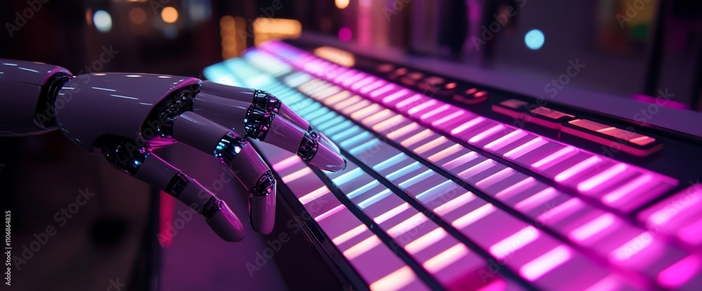 Poster a robotic hand interacts with a vibrant, illuminated keyboard.