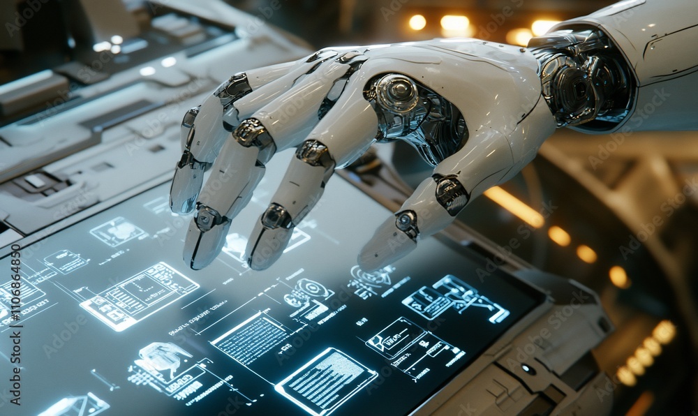 Aufkleber A robotic hand interacting with a high-tech interface.