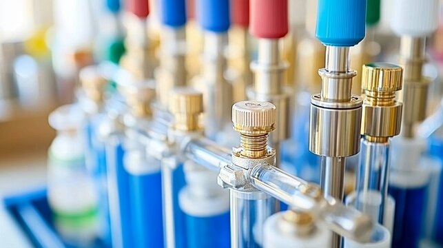 Close-up of a Row of Colored Gas Cylinders with Valves