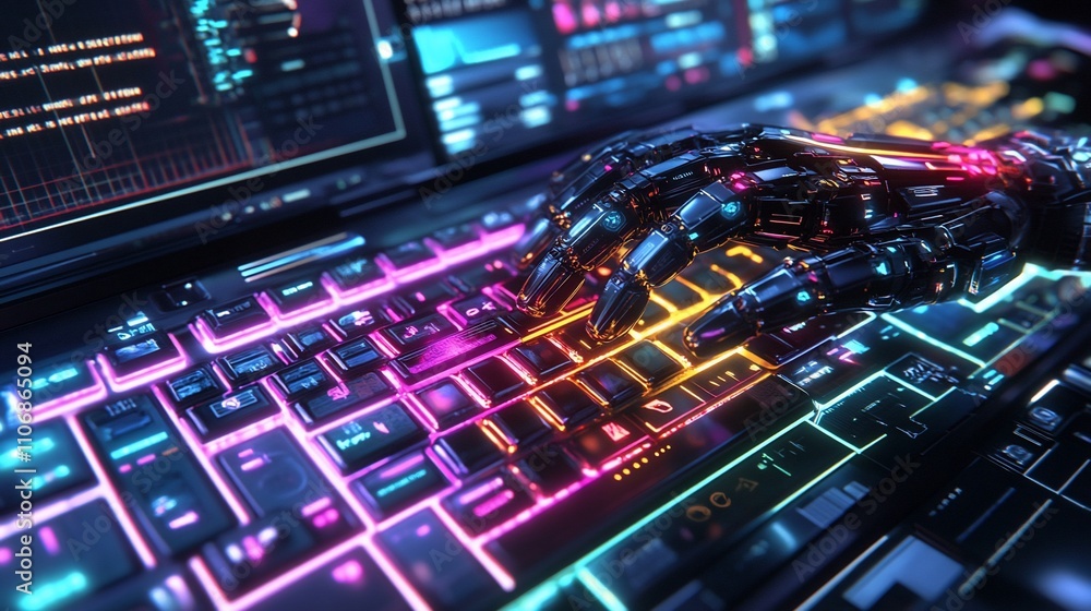 Poster a robotic hand interacts with a vibrant, illuminated keyboard.