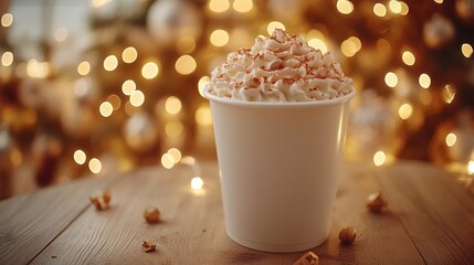 Festive holiday drink, a white paper cup filled with a creamy
