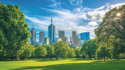 Fototapeta premium A skyline with iconic architecture in front of a large city park filled with trees