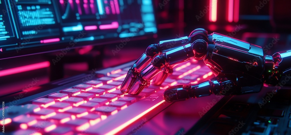 Poster A robotic hand typing on a glowing keyboard in a futuristic setting.
