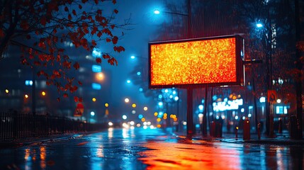 A signboard positioned on a street by night captures high visibility