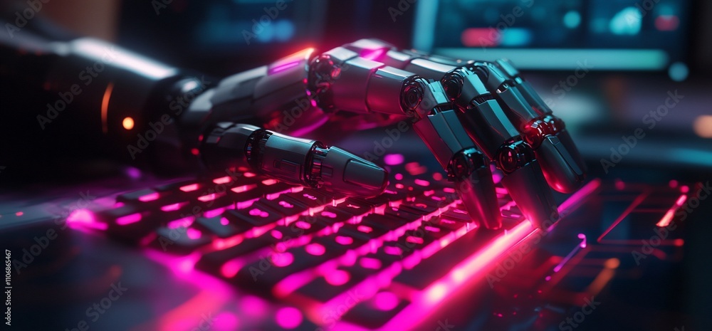 Aufkleber A robotic hand typing on a glowing keyboard in a tech environment.