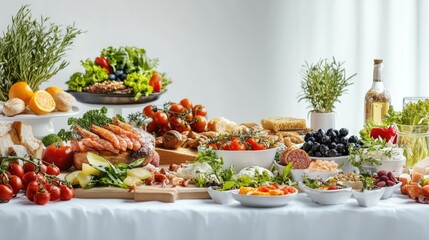 A vibrant spread of various dishes, fruits, and vegetables for a festive gathering.