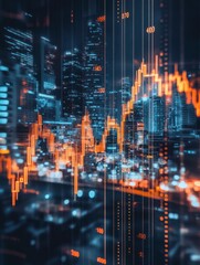 Obraz premium Abstract downward forex chart on blurry night city wallpaper. Crisis and collapse concept. Double exposure