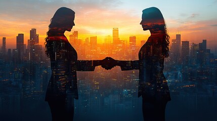 Fototapeta premium A silhouette of business people shaking hands in a double exposure with a cityscape background