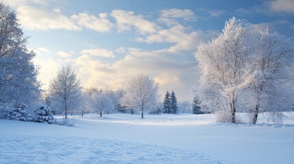 A peaceful winter scene with fresh snow blanketing the ground, trees covered in frost, and a soft, cloudy sky