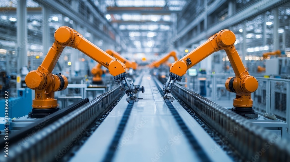 Poster automated production line with robotic arms in a modern factory