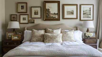 A serene bedroom wall adorned with framed artwork and photographs, creating a personalized gallery space