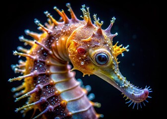 Detailed Closeup of a Beautiful Seahorse on a Black Background with Vivid Colors and Intricate Textures, Perfect for Marine Life Enthusiasts and Underwater Photography Lovers