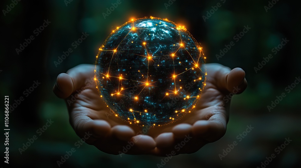 Poster a silhouette of hands holding up a glowing sphere with interconnected nodes symbolizes global connec