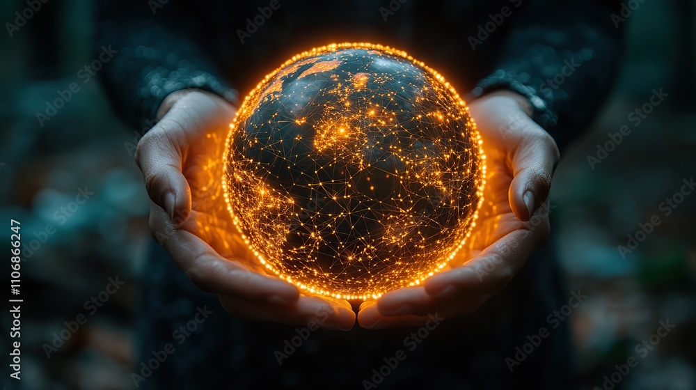 Poster a silhouette of hands holding up a glowing sphere with interconnected nodes symbolizes global connec