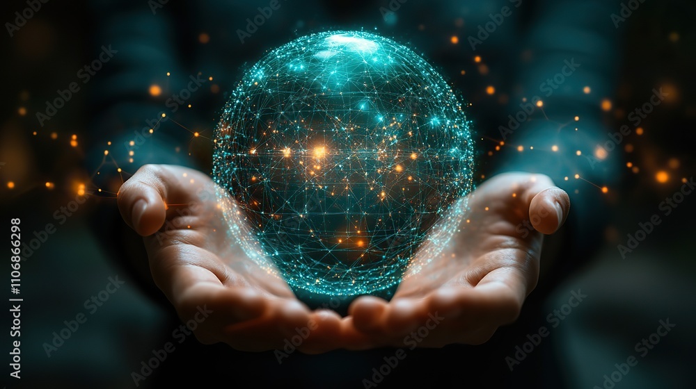 Poster a silhouette of hands holding up a glowing sphere with interconnected nodes symbolizes global connec