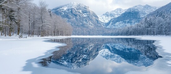 Obraz premium Stunning Winter Landscape with Snow-Covered Mountains and Reflective Lake in Serene Wilderness Setting