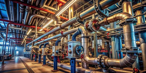 Detailed Documentary Photography of Building Piping Systems with Hand-Edited Generative AI Techniques Showcasing Industrial Infrastructure and Engineering Excellence