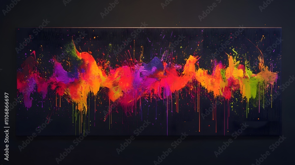 Poster a contemporary 3d canvas featuring splashes of neon colors against a dark background, with textured 