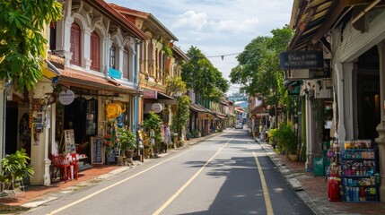 Fototapeta premium A street with historic architecture mixed with modern shops, capturing a blend of old and new