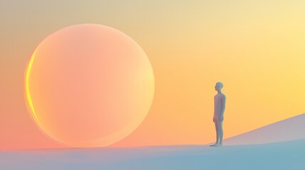 Fototapeta premium A 3D figure stands under a chat bubble, reflecting on conversation in a calming abstract space.