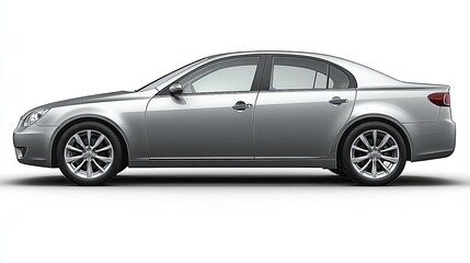 Naklejka premium A silver car is shown in profile against a white background, offering ample space for text