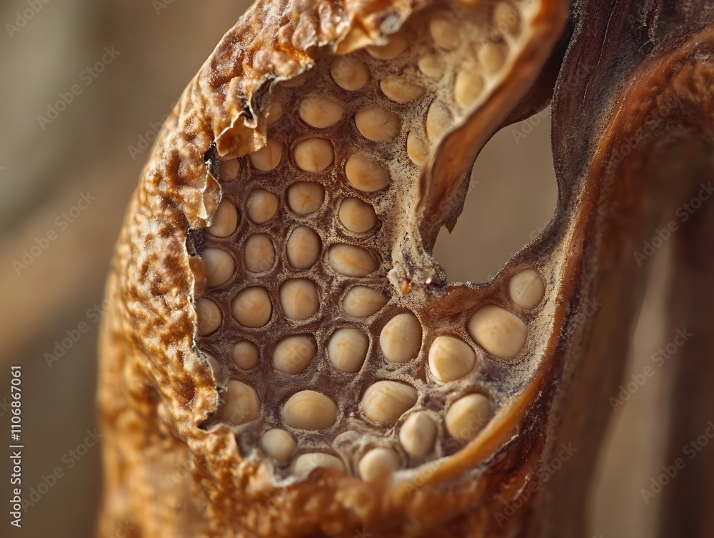 Poster close-up of dried plant seed pod revealing intricate texture and pattern.