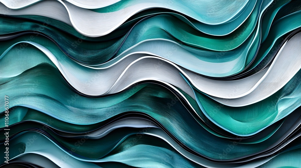 Aufkleber a modern 3d canvas art with abstract flowing waves in shades of teal, emerald, and metallic silver, 