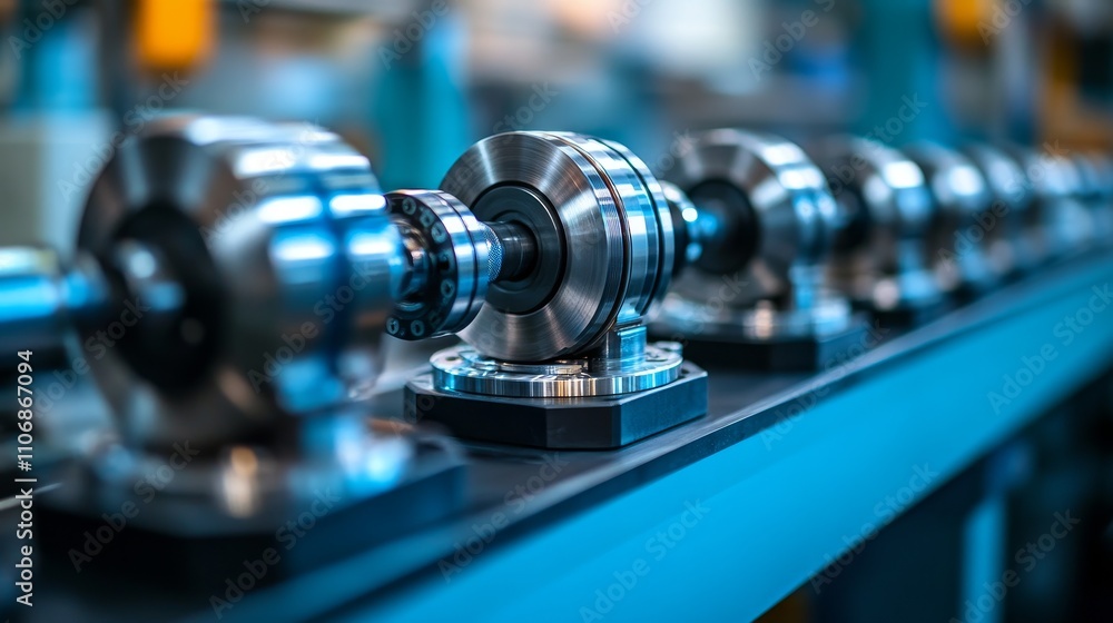 Poster close-up of a row of metal motor components on a conveyor belt in a factory setting
