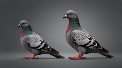 Fototapeta premium Two pigeons, one larger than the other, side profile view, against a gray background.